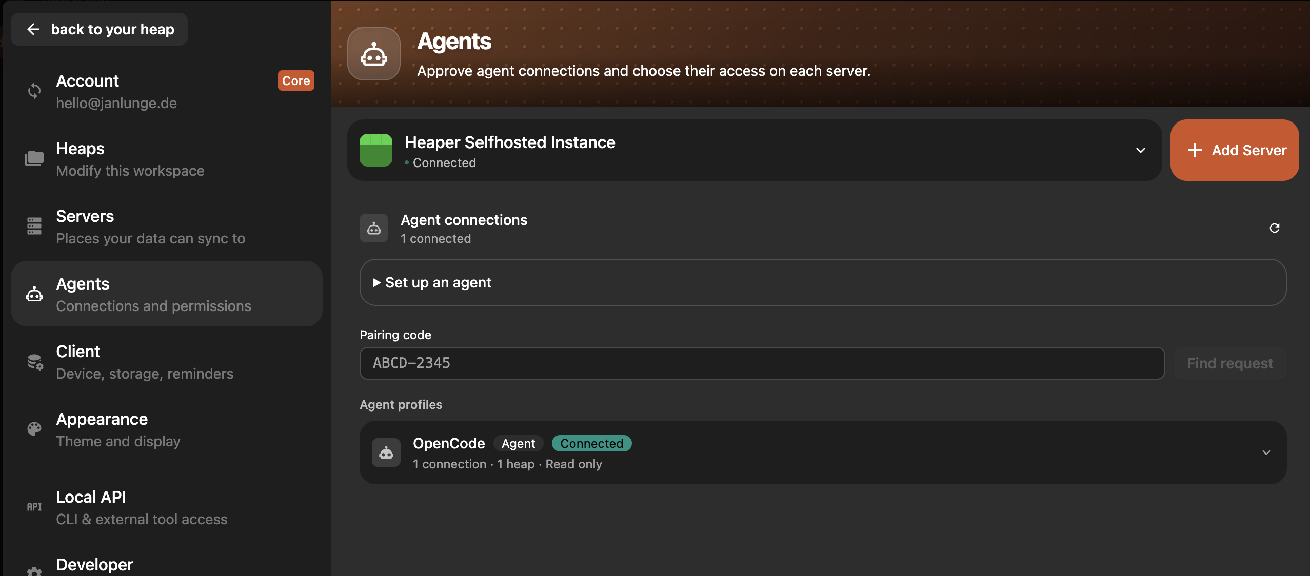 The Agents settings page with pairing controls and a connected agent profile.