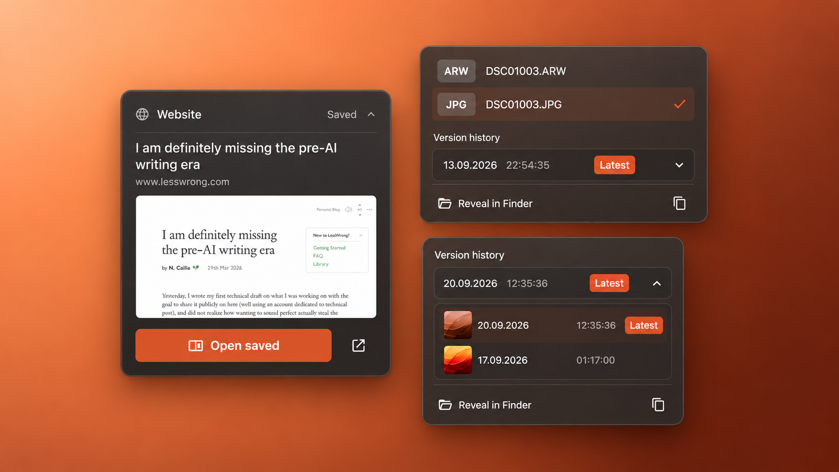 Saved website, file formats, and revision history cards on a warm orange gradient.
