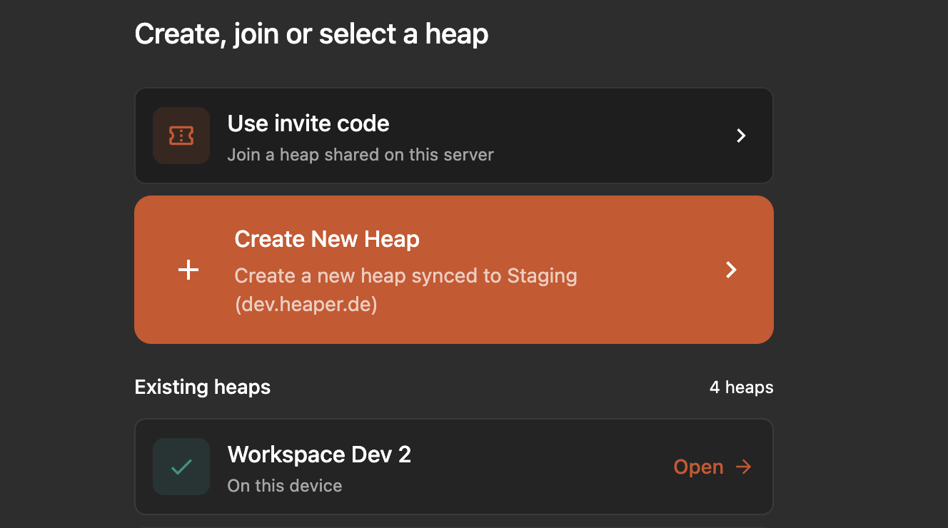 The Add Heap screen offering Use invite code alongside heap creation and selection.