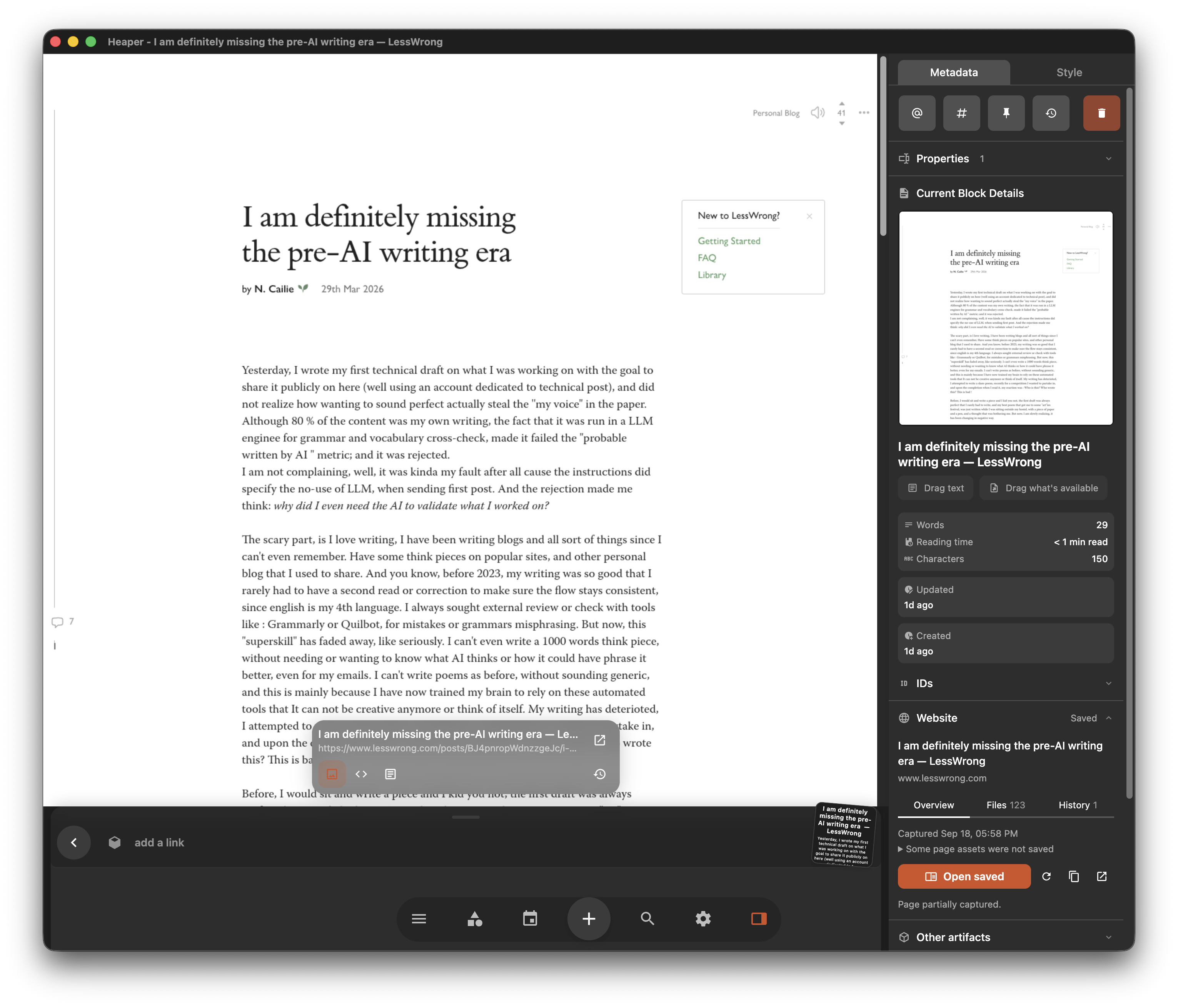 A saved website open in Heaper with capture details and viewing controls.