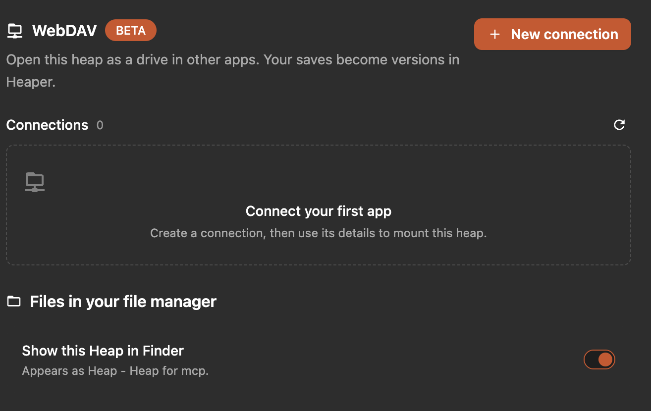 Heap settings with beta WebDAV connections and the Show this Heap in Finder toggle.